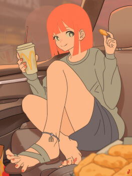 Rule 34 | 1girl, absurdres, barefoot, barefoot sandals (jewelry), car, chicken (food), chicken nuggets, drink, feet, food, hands up, highres, looking at viewer, mcdonald's, mohoshadream, mother (yoru mac), motor vehicle, nail polish, orange hair, reflection, sandals, shoes, single shoe, sitting, skirt, smile, spread toes, sweater, toenail polish, toenails, toes, yoru mac