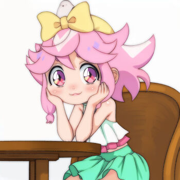 1girl :3 animal animal_on_head bikini bird bird_on_head blush bow chair diamond-shaped_pupils diamond_(shape) green_skirt hair_bow hairband head_rest highres looking_at_viewer maro_(mashin_souzouden_wataru) mashin_eiyuuden_wataru mashin_souzouden_wataru midriff navel on_head pink_hair red_eyes short_hair sitting skirt smile swimsuit symbol-shaped_pupils t_jiroo_(ringofriend) table uzume_(mashin_souzouden_wataru) white_background white_bikini yellow_bow