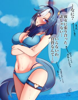 1girl absurdres admire_groove_(umamusume) alternate_costume animal_ears bikini blue_bikini blue_hair blush breasts crossed_arms hair_between_eyes hair_ornament highres horse_ears horse_girl horse_tail looking_at_viewer medium_breasts medium_hair navel ocean open_mouth poppoboss purple_eyes signature sky solo sweat swimsuit tail thigh_strap tsundere umamusume