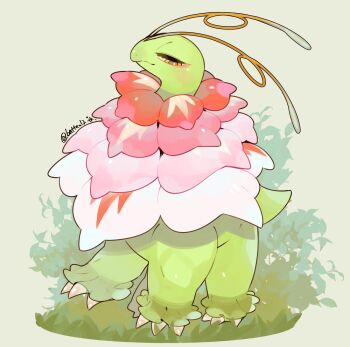 all_fours antennae closed_mouth colored_skin commentary flower full_body gen_2_pokemon grass green_skin highres long_neck mamebato mega_meganium meganium neck_flower nintendo no_humans pink_flower pokemon pokemon_(creature) pokemon_focus red_flower solo tail twitter_username white_flower yellow_eyes
