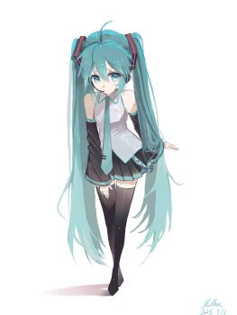 1girl aqua_eyes aqua_hair aqua_nails aqua_necktie black_skirt black_sleeves blossom0816 commentary detached_sleeves grey_shirt hatsune_miku headset highres necktie number_tattoo pleated_skirt shirt skirt sleeveless sleeveless_shirt tattoo twintails untranslatable_commentary vocaloid white_background