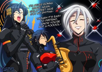 3girls ^_^ android ariane_yeong artist_name black_hair black_shrug cel_shading closed_eyes collared_shrug commentary covered_collarbone elster_(signalis) english_commentary english_text eyeshadow facial_mark facing_viewer falke_(signalis) falling_petals forehead_mark halo halo_behind_head hand_on_own_chest highres holding holding_instrument holding_microphone implied_yuri instrument joints long_hair lyrics makeup metal_skin microphone multiple_girls music open_mouth otagothic petals playing_instrument red_eyeshadow robot_joints saxophone short_hair shrug_(clothing) signalis singing smile sparkle tearing_up upper_body white_hair