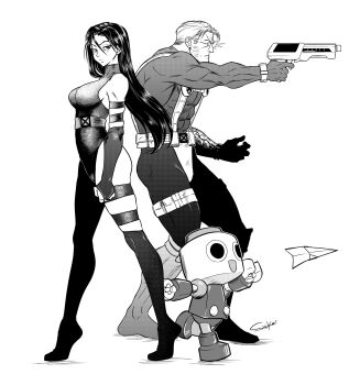 1boy 1girl ass breasts cable_(marvel) cup curvy elbow_gloves gloves glowing glowing_eye highleg highres holding holding_cup large_breasts leotard long_hair looking_at_viewer marvel marvel_vs._capcom marvel_vs._capcom_3 monochrome psylocke shukeiart simple_background standing thighhighs thighs very_long_hair white_background wide_hips x-men