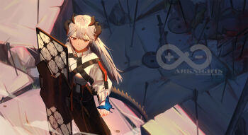 Rule 34 | 1girl, arknights, arrow (projectile), artist name, black skirt, bug, butterfly, butterfly on hand, closed mouth, commentary request, day, dragon horns, dragon tail, dust cloud, english text, expressionless, feathers, from above, hand up, high-waist skirt, highres, holding, holding shield, horns, insect, long hair, long skirt, long sleeves, looking at animal, orange eyes, outdoors, rhine lab logo, riot shield, saria (arknights), shade, shield, shirt, silver hair, skirt, solo, tail, white shirt, xtears kitsune