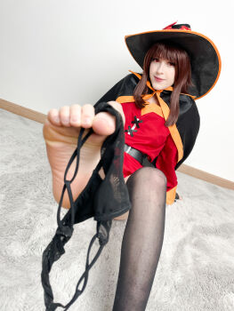 Rule 34 | 1girl, absurdres, arm support, asymmetrical legwear, barefoot, belt, between toes, black cape, black headwear, black panties, black thighhighs, blunt bangs, brown hair, cape, cosplay, cosplay photo, dress, eyeliner, flat chest, floor, foot focus, g-string, hat, highres, holding, holding unworn clothes, holding panties, holding underwear, holding unworn clothes, holding with feet, kono subarashii sekai ni shukufuku wo!, lips, long hair, long sleeves, looking at viewer, makeup, megumin, megumin (cosplay), mismatched legwear, on floor, orange trim, panties, photo (medium), red dress, red eyes, rug, sidelocks, single thighhigh, sitting, soles, stelarhoshi, thighhighs, thong, toenails, toes, underwear, wall, witch hat