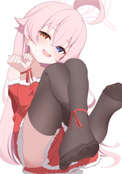 1girl absurdres ahoge alternate_costume black_thighhighs blue_archive bound bound_ankles bound_wrists christmas dress fang fur-trimmed_dress fur_trim halo heterochromia highres hoshino_(blue_archive) huge_ahoge long_hair natukuzira no_shoes pink_hair pink_halo red_dress sitting skin_fang smile thighhighs white_background