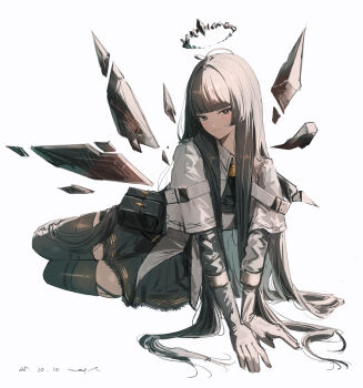 1girl absurdres ahoge arknights ascot bag black_ascot black_bag black_eyes black_halo black_skirt black_thighhighs blunt_bangs blunt_sidelocks broken_halo commentary crown dark_halo dated detached_wings dot_nose energy_wings english_commentary gloves hair_intakes halo highres jacket long_hair looking_at_viewer mole mole_under_eye pppmepl short-sleeved_jacket short_sleeves sidelocks signature simple_background skirt smile solo thighhighs very_long_hair virtuosa_(arknights) white_background white_gloves wings zettai_ryouiki