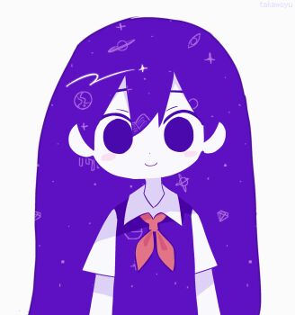 1girl animated animated_gif arms_at_sides artist_name blinking blush closed_mouth collared_shirt hair_behind_ear highres long_hair looking_at_viewer mari_(headspace)_(omori) mari_(omori) neckerchief omori purple_eyes purple_hair purple_sweater_vest red_neckerchief shirt short_sleeves simple_background smile solo straight-on straight_hair sweater_vest takawoyu upper_body white_background white_shirt