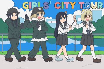 4girls absurdres black_gloves black_hair black_sailor_collar black_skirt blonde_hair blue_eyes blue_sky blue_socks brodie_helmet brown-framed_eyewear brown_shoes chito_(shoujo_shuumatsu_ryokou) city_(arawi_keiichi) closed_mouth coat combat_helmet commentary crossover day english_commentary fried_egg full_body fur_coat glasses gloves green_coat green_pants helmet highres loafers long_hair long_sleeves looking_at_viewer low_twintails military_uniform multiple_girls mushroom_on_head mushroomsucy open_mouth outdoors pants pleated_skirt pond reflection reflective_water sailor_collar school_uniform serafuku shimeji_simulation shirt shoes short_hair shoujo_shuumatsu_ryokou skirt sky smile socks stahlhelm tsukishima_shijima twintails walking white_shirt white_socks yamashita_majime yuuri_(shoujo_shuumatsu_ryokou)