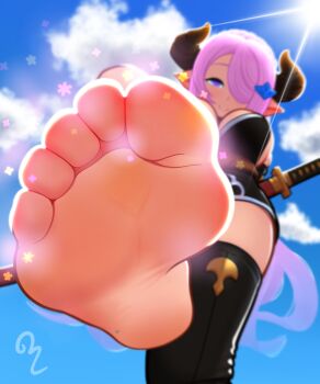 Rule 34 | 1girl, absurdres, barefoot, blue eyes, blurry, depth of field, feet, foot focus, from below, granblue fantasy, hair over one eye, highres, horns, long hair, looking at viewer, narmaya (granblue fantasy), pink hair, pointy ears, pov, rml6, smile, soles, sunlight, sword, toes, weapon