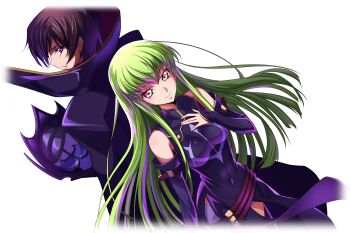 1boy 1girl arm_at_side artist_request back-to-back bare_shoulders belt black_cape black_dress black_hair black_sleeves breasts c.c. cape closed_mouth code_geass code_geass:_lost_stories covered_navel cowboy_shot cropped_legs detached_sleeves dress dutch_angle game_cg green_hair half-closed_eyes hand_on_own_chest hand_up happy helmet high_collar highres holding holding_unworn_helmet lelouch_vi_britannia long_hair looking_at_viewer looking_back medium_breasts multiple_belts non-web_source official_art purple_eyes short_hair short_shorts shorts shorts_under_dress sidelocks sideways_mouth simple_background sleeveless sleeveless_dress smile split_mouth standing transparent_background underlighting unworn_headwear unworn_helmet very_long_hair white_shorts yellow_eyes
