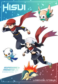 Rule 34 | 1boy, 1girl, absurdres, akari (pokemon), bag, black eyes, black hair, black kimono, black pants, brown bag, brown sandals, closed eyes, closed mouth, commentary request, copyright name, cyndaquil, fanny pack, fire, galaxy team survey corps uniform, gen 2 pokemon, gen 5 pokemon, gen 7 pokemon, hand on headwear, headscarf, highres, hisuian poke ball, holding, holding poke ball, japanese clothes, kimono, long hair, nintendo, oshawott, outline, pants, poke ball, pokemon, pokemon (creature), pokemon legends: arceus, ponytail, red scarf, rei (pokemon), rowlet, sandals, sawarabi (sawarabi725), scarf, short hair, sidelocks, socks, starter pokemon trio, very short hair, white headscarf, white outline, white socks