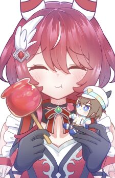 1girl 2nisikoyn animal_ears ascot black_gloves blue_cape blue_eyes blush breasts brown_hair candy_apple cape character_doll cheval_grand_(grand_itineraire)_(umamusume) cheval_grand_(umamusume) closed_eyes closed_mouth commentary_request doll dress ear_covers ears_through_headwear feather_hair_ornament feathers food gem gloves green_gem hair_between_eyes hair_ornament hat hat_belt highres holding holding_candy_apple holding_doll holding_food horse_ears horse_girl jacket long_hair multicolored_hair peaked_cap red_dress red_hair shorts simple_background smile streaked_hair umamusume upper_body white_hair white_hat white_jacket win_variation_(dramatic_tutu)_(umamusume) win_variation_(umamusume) yellow_ascot
