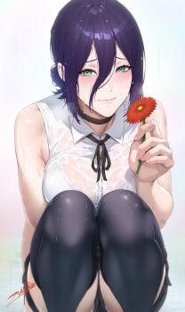 1girl black_hair black_thighhighs blush bra bra_visible_through_clothes breasts chainsaw_man choker closed_mouth collared_shirt commentary english_commentary flower gradient_background green_eyes hair_between_eyes hair_bun highres holding holding_flower large_breasts lips looking_at_viewer neck_ribbon paid_reward_available red_flower reze_(chainsaw_man) ribbon see-through_clothes see-through_shirt shirt short_hair sleeveless sleeveless_shirt solo squatting thighhighs underwear wet wet_clothes wet_hair wet_shirt white_bra white_shirt zucchini