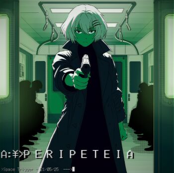 Rule 34 | 1girl, 2025, aiming, aiming at viewer, artist name, backlighting, buttons, coat, color banding, commentary, copyright name, dated, dithering, english commentary, finger on trigger, frown, gas mask, green theme, gun, hair between eyes, hair ornament, hairclip, hand grip, handgun, highres, holding, holding gun, holding weapon, jaggy lines, jpeg artifacts, looking at viewer, marie (peripeteia), mask, monochrome, open clothes, open coat, peripeteia, perspective, pixel art, popped collar, short hair, solo focus, spacetriggah, straight-on, train interior, trench coat, triangle button, vanishing point, weapon