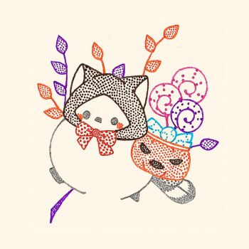 animal animal_ears animal_focus animal_hood bird bow bowtie candy cat_ears clothed_animal commentary_request food halloween halloween_bucket halloween_costume highres hood hood_up leaf long-tailed_tit looking_at_viewer no_humans original red_bow red_bowtie tit_(bird) traditional_media usagi_shigeko