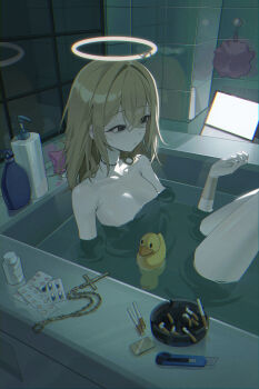 1girl absurdres ashtray bandaged_wrist bandages bathroom bathtub blister_pack blonde_hair boxcutter broken_halo cigarette cigarette_butt commentary_request completely_nude cross cross_necklace cut-here_line fallen_angel halo highres implied_self-harm in_bathtub jewelry lighter long_hair mansu_(mansu113355) necklace nude original rubber_duck solo tile_wall tiles unworn_jewelry unworn_necklace