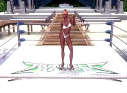 1girl 3d aisha_(rumble_roses) animated ass beach blonde_hair bra breasts brown_eyes cleavage crowd dark-skinned_female dark_skin konami medium_breasts modeling navel rumble_roses rumble_roses_xx sound tagme thong underwear video white_bra wrestling_ring