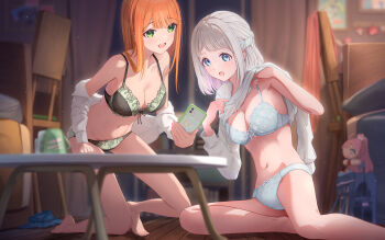 Rule 34 | 2girls, :o, absurdres, aqua bra, aqua eyes, aqua panties, barefoot, black bra, black panties, bow, bow bra, bow panties, bra, breasts, cellphone, cleavage, clothes lift, commentary request, crotch seam, fujinomiya rio, gakuen idolmaster, green eyes, grey hair, hands up, highres, holding, holding phone, hood, hoodie, hoodie lift, idolmaster, indoors, katsuragi lilja, large breasts, long hair, medium hair, multiple girls, navel, on floor, on one knee, open mouth, orange hair, panties, phone, shirt, shirt partially removed, shiun sumika, smartphone, smile, stomach, table, underwear, underwear only, undressing, white hoodie, white shirt, wooden floor