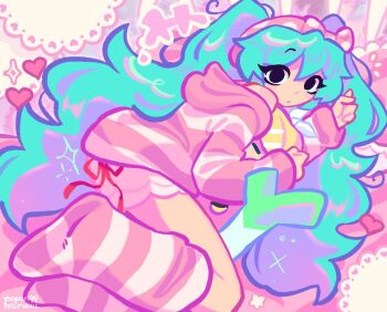 aqua_eyes aqua_hair commentary english_commentary hatsune_miku long_hair lying ocean_hairuuu pajamas pink_pajamas short_shorts shorts socks spring_onion striped_clothes striped_socks twintails very_long_hair vocaloid