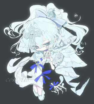 bone chibi chibi_only commission cross dress highres non-web_source shoes skeleton tombstone white_dress white_hair white_shoes