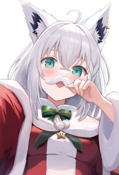 1girl absurdres ahoge animal_ear_fluff animal_ear_piercing animal_ears blush braid breasts capelet christmas commentary_request crossed_bangs dress facial_hair fox_ears fox_girl from_below green_eyes hair_between_eyes highres hololive jewelry long_hair looking_at_viewer mustache open_mouth red_capelet red_dress shirakami_fubuki sidelocks simple_background single_braid small_breasts solo transparent_background upper_body urushinuri virtual_youtuber white_hair