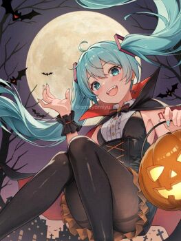 1girl ahoge amayomiyu aqua_eyes aqua_hair aqua_nails arm_tattoo bat_(animal) black_cape black_pantyhose blush breasts cape collared_shirt cosplay dracula dracula_(cosplay) dress full_moon hair_between_eyes hair_ornament halloween halloween_bucket hatsune_miku long_hair looking_at_viewer moon night number_tattoo open_mouth pantyhose scrunchie shirt sleeveless sleeveless_dress smile tattoo teeth twintails very_long_hair vocaloid white_shirt wrist_scrunchie