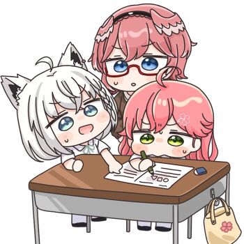 3girls :d :o ahoge animal_ear_fluff animal_ears bag black_shoes blue_eyes braid brown_sweater chibi collared_shirt commentary_request desk eraser fox_ears glasses green_eyes hair_between_eyes head_wings holding holding_pencil hololive mochimiko multiple_girls open_mouth parted_lips pencil pink_hair pink_wings pointing red-framed_eyewear sakura_miko school_desk semi-rimless_eyewear shirakami_fubuki shirt shoes simple_background small_sweatdrop smile socks sweat sweater takane_lui under-rim_eyewear v-shaped_eyebrows virtual_youtuber white_background white_shirt white_socks wings yurie_mouth