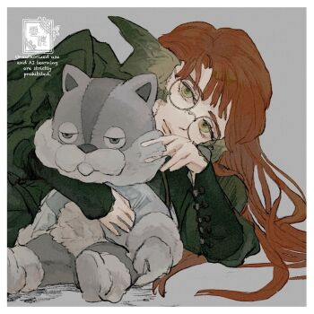 1girl border character_request closed_mouth copyright_request dress glasses green_dress green_eyes grey_background highres holding holding_stuffed_toy lips long_hair looking_at_viewer lying on_side red_hair round_eyewear simple_background solo squirrel stuffed_animal stuffed_toy watermark white-framed_eyewear white_border zerou_pan