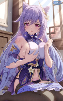 1girl bare_shoulders black_panties black_pantyhose blush breasts choker commentary_request detached_sleeves double_bun earrings genshin_impact grabbing_own_breast hair_bun hair_ornament highres indoors jewelry keqing_(genshin_impact) large_breasts long_hair looking_at_viewer navel panties pantyhose parted_lips ponnyu12 purple_hair sideboob sitting solo underwear wariza