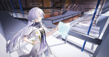 1girl breasts commentary_request dress earrings grey_hair hair_intakes halo hand_on_own_hip hand_up highres holographic_interface id_card indoors jacket jewelry long_hair looking_to_the_side mornye_(wuthering_waves) purple_dress small_breasts solo tokai_teio_(dream_butterfly_of_purple_clouds)_(umamusume) tokai_teio_(umamusume) triangle_earrings white_jacket wuthering_waves yin_lan_xue