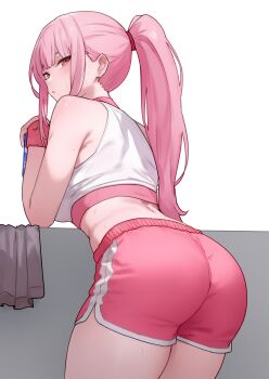 1girl absurdres ass ass_focus back bare_shoulders bent_over bluefield blunt_bangs blush breasts crop_top drink from_behind gym_shorts highres holding holding_drink hololive hololive_english huge_ass large_breasts leaning_on_object long_hair looking_at_viewer looking_back mori_calliope open_mouth pink_hair pink_shorts ponytail red_eyes shirt shorts side_slit side_slit_shorts sideboob sidelocks solo sports_bra sweat thick_thighs thighs towel virtual_youtuber white_shirt workout_clothes wristband