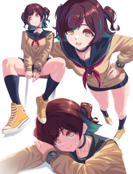 1girl absurdres choker converse highres original ribbed_socks sailor_collar school_uniform serafuku shoes short_twintails slothdev_(yat1215) sneakers socks twintails yellow_shoes