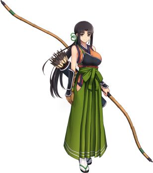 Rule 34 | 1girl, arrow (projectile), artist request, bad source, bare arms, bare shoulders, bow (weapon), breasts, brown eyes, brown hair, full body, game cg, green skirt, highres, holding, holding bow (weapon), holding weapon, kazuha (sennen sensou aigis), large breasts, light smile, long skirt, muneate, official art, quiver, sandals, sennen sensou aigis, skirt, solo, third-party source, transparent background, weapon, yumi (bow)