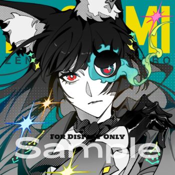 1girl 1other alternate_costume animal_ear_fluff animal_ears black_gloves black_hair black_necktie character_name closed_mouth commentary english_text fox_ears fox_girl gloves green_background grey_jacket half_gloves highres hoshimi_miyabi jacket latex latex_gloves long_hair looking_at_viewer necktie one_eye_covered red_eyes sample_watermark saskeboom smoke smoke_trail sparkle tailless_(zenless_zone_zero) upper_body watermark zenless_zone_zero