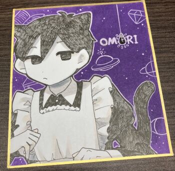 Rule 34 | 1boy, alternate costume, animal ears, antenna hair, black eyes, black hair, cat boy, cat ears, cat tail, closed mouth, colored skin, commentary request, copyright name, crossdressing, crossdressing (mtf), double-parted bangs, enmaided, hair between eyes, juliet sleeves, kemonomimi mode, long sleeves, looking at viewer, maid, male focus, male maid, omori, omori (omori), puffy sleeves, purple sky, short hair, sky, solo, tail, traditional media, upper body, white skin, yksm oe