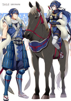1boy 1girl ameno_(a_meno0) armor blue_eyes blue_gloves blue_hair blue_pants blue_shirt brand_of_the_exalt chrom_(fire_emblem) chrom_(ninja)_(fire_emblem) closed_mouth commentary_request father_and_daughter fingerless_gloves fire_emblem fire_emblem_awakening fire_emblem_heroes forehead_protector fox_mask fur_trim gloves hair_between_eyes headband holding holding_reins horse horseback_riding japanese_armor japanese_clothes kunai long_hair lucina_(fire_emblem) lucina_(ninja)_(fire_emblem) mask mask_on_shoulder ninja nintendo official_alternate_costume official_alternate_hairstyle pants parted_lips ponytail reins riding sandals shawl shin_guards shirt shuriken sleeveless smile sword thighhighs weapon white_shawl white_thighhighs