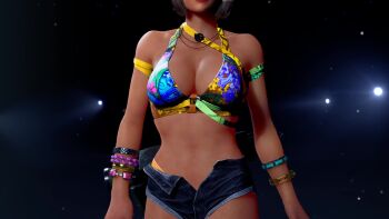 1girl 3d animated anna_williams bare_shoulders bikini bikini_top_only black_shorts breasts brown_hair cleavage cosplay female_focus floral_print floral_print_bikini game_screenshot holding_rocket_launcher holding_weapon large_breasts miary_zo miary_zo_(cosplay) mod namco print_bikini rocket_launcher sarong short_shorts shorts solo tagme tan tekken tekken_8 unzipped video video_game_screencap weapon