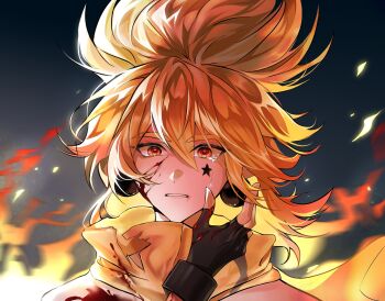 2boys absurdres aotu_world black_gloves blonde_hair blood blood_on_clothes blood_on_face blood_on_hands burning chinese_commentary crying crying_with_eyes_open earrings embers facial_mark fingerless_gloves fire gloves godrose_(aotu_world) hair_between_eyes hand_on_another&#039;s_cheek hand_on_another&#039;s_face highres jewelry looking_at_viewer multiple_boys orange_eyes out_of_frame parted_lips pointy_hair portrait pov pov_hands scarf shirt solo_focus star_(symbol) tears teeth torn_clothes upper_body white_shirt x638500161 yellow_scarf