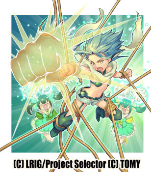 1girl 3girls border bra breasts clenched_hands commentary_request copyright_notice green_bra green_eyes green_garter_straps green_hair green_leg_warmers green_scarf green_shorts ishibashi_yosuke leg_warmers looking_at_viewer medium_hair midoriko_(wixoss) multiple_girls official_art open_mouth scarf shorts small_breasts spiked_hair underwear white_border wixoss