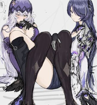 ! !! 2girls 92837lan absurdres acheron_(honkai:_star_rail) black_swan_(honkai:_star_rail) blush boots breasts detached_sleeves gloves hair_ornament hair_over_one_eye highres honkai:_star_rail honkai_(series) large_breasts legs multiple_girls open_clothes pantyhose purple_eyes purple_hair shorts thighhighs thighs veil yellow_eyes yuri