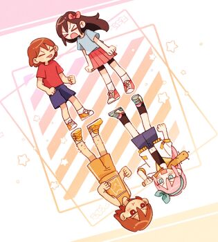 Rule 34 | > <, 2boys, 2girls, age comparison, aged down, alternate costume, aubrey (faraway) (omori), aubrey (omori), baseball bat, black eyes, black hair, black socks, blue eyes, blue hairband, blue shirt, blue shorts, blue skirt, bow, bright pupils, brown hair, closed eyes, closed mouth, commentary request, crop top, dark-skinned male, dark skin, denim, denim skirt, double-parted bangs, dual persona, hair between eyes, hair bow, hairband, highres, holding, holding baseball bat, jacket, kel (faraway) (omori), kel (omori), long hair, looking at another, multiple boys, multiple girls, nail (hardware), nail bat, navel, o tori mhyk, omori, open mouth, orange shoes, orange shorts, pink bow, pink hair, pink shoes, pink skirt, pleated skirt, pout, red shirt, shirt, shoes, short-sleeved jacket, short hair, short sleeves, shorts, sidelocks, skirt, sneakers, socks, t-shirt, tongue, tongue out, white jacket, white pupils, white socks