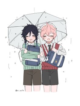 2boys alternate_costume artist_name bag black_hair black_necktie black_shorts blue_hair blush braid brown_shorts closed_eyes collared_shirt dahlia_(genshin_impact) genshin_impact gradient_hair green_sweater hair_between_eyes hat highres holding holding_umbrella long_sleeves multicolored_hair multiple_boys necktie ns_cecilia pink_hair rain red_sweater school_bag shirt short_hair shorts simple_background smile sweater twin_braids umbrella venti_(genshin_impact) white_background white_hat white_shirt