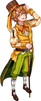 Rule 34 | 1boy, adjusting eyewear, analogous colors, argyle clothes, argyle sleeves, argyle socks, artist request, baggy pants, blonde hair, bow, brooch, brown hat, brown shoes, buttons, cane, cape, center frills, collar, collared shirt, curtained hair, double-breasted, double-parted bangs, dress shirt, fashion, formal clothes, frilled collar, frills, full body, gem, green cape, grey socks, hat, hat bow, high collar, holding, holding cane, jacket, jewelry, lapels, legs apart, mabinogi, male focus, nexon, official art, open mouth, orange bow, orange sleeves, pankou, pants, piran, puffy sleeves, red gemstone, second-party source, shirt, shoe strap, shoes, short hair, simple background, sleeveless, sleeveless jacket, socks, solo, striped sleeves, teeth, tongue, top hat, transparent background, two-tone sleeves, two-tone socks, upper teeth only, waist cape, white shirt, white sleeves, white socks, yellow eyes, yellow jacket