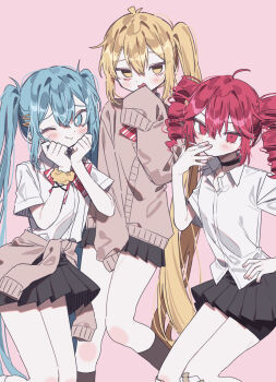 3girls akita_neru black_skirt blonde_hair blue_eyes blue_hair cardigan choker drill_hair hatsune_miku highres kasane_teto long_hair multiple_girls patzzi pink_background pleated_skirt ponytail red_eyes red_hair school_uniform scrunchie shirt side_ponytail simple_background skirt sleeves_past_fingers sleeves_past_wrists twin_drills twintails very_long_hair vocaloid white_shirt wrist_scrunchie yellow_eyes zako_(vocaloid)