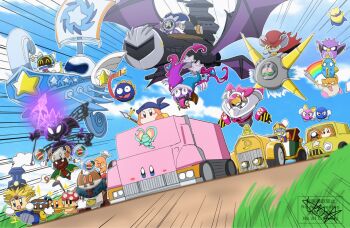 3girls 6+boys absolutely_everyone aircraft airship bandana_waddle_dee big-rig_mouth cape cappy_(kirby) car chef_kawasaki cloud cloudy_sky coo_(kirby) daroach doc_(kirby) driving elfilin everyone flying friend_train gooey_(kirby) hal_laboratory halberd_(airship) hat highres kine_(kirby) king_dedede kirby kirby&#039;s_dream_land kirby&#039;s_dream_land_2 kirby&#039;s_dream_land_3 kirby&#039;s_return_to_dream_land kirby:_planet_robobot kirby:_right_back_at_ya! kirby:_squeak_squad kirby:_triple_deluxe kirby_(series) kirby_air_ride kirby_air_riders kirby_and_the_forgotten_land kirby_star_allies knuckle_joe lalala_(kirby) limousine lololo_(kirby) lor_starcutter magolor marx_(kirby) marx_soul mecha mecha_kawasaki mecha_kracko meta_knight miracle_fruit motor_vehicle mouthful_mode multiple_boys multiple_girls nintendo polearm queen_sectonia racing rainbow_sword_(kirby) rick_(kirby) riding road robot rocky_(kirby) sail scarfy signature sky spacecraft spear starman_(kirby) summoning susie_(kirby) sutashita sword taranza truck waddle_dee waddle_doo weapon wings
