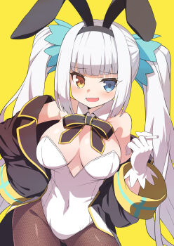 1girl animal_ears black_jacket black_pantyhose blue_eyes blush breasts cigarette commentary_request detached_collar fake_animal_ears grey_hair heterochromia highres holding holding_cigarette hoppege jacket kagura_gumi kagura_mea leotard long_hair neck_ribbon open_clothes open_jacket open_mouth pantyhose rabbit_ears ribbon simple_background solo strapless strapless_leotard twintails virtual_youtuber white_leotard yellow_background yellow_eyes