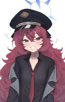 1girl absurdres ahiru_(ahahahahiru) armband black_jacket black_shirt blue_archive blush collarbone collared_shirt commentary_request crossed_bangs flat_chest fluffy_hair grey_eyes grin hair_between_eyes halo hat heart highres iroha_(blue_archive) jacket long_hair long_sleeves looking_at_viewer loose_necktie military_hat necktie off_shoulder open_clothes open_jacket peaked_cap red_hair red_necktie shirt simple_background smile solo upper_body very_long_hair white_background