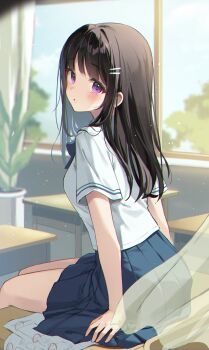 1girl absurdres black_hair blue_skirt blurry blush breasts commentary_request desk feet_out_of_frame hair_ornament hairclip highres ika_(4801055) indoors korean_commentary long_hair looking_at_viewer medium_breasts miniskirt on_desk original paper parallel_hairclips parted_lips plant pleated_skirt potted_plant purple_eyes school_uniform shirt short_sleeves sitting skirt solo white_shirt window