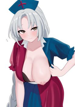 1girl absurdres black_bra blue_dress blue_hat blush bra braid braided_ponytail breasts brown_eyes canonball_(dungigi12) closed_mouth commentary_request dress grey_hair hat highres korean_commentary large_breasts leaning_forward long_hair looking_at_viewer nipples nurse_cap one_breast_out parted_bangs red_dress short_sleeves simple_background solo touhou two-tone_dress underwear very_long_hair white_background yagokoro_eirin